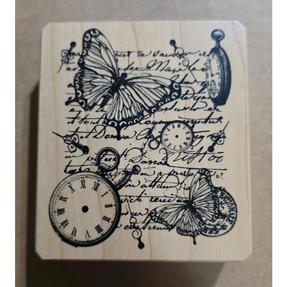 Inkadinkado Butterfly Watch Wood Stamp - Time Flies Script Collage